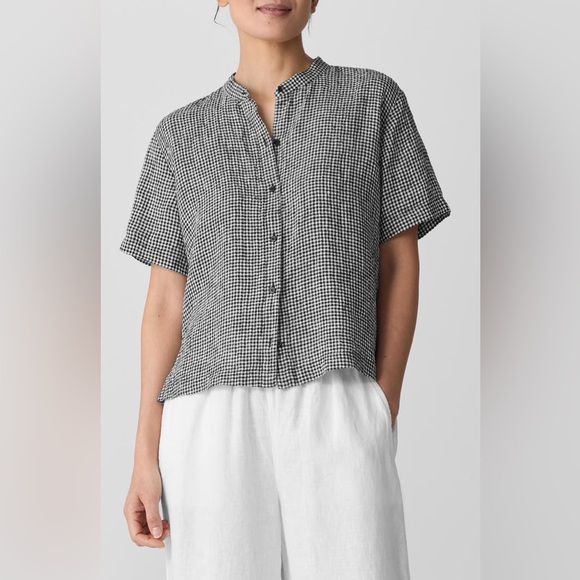 Eileen Fisher Tops - Eileen Fisher Puckered Organic Linen Gingham Mandarin Collar Short Sleeve Top